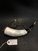 Custom French & Indian War horn with black octagon neck, walnut base and plug, leather boot lace, and raised ring detail