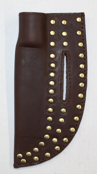 Kootenai knife sheath made of oil-tanned leather with decorative rivets, designed to fit Green River, Russel, or Old Hickory knives; fits belts up to 2.5 inches wide.