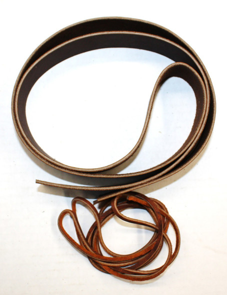 Powder horn strap kit including a 1.25-inch by 48-inch oil-tanned leather strap and 60-inch lace, shown with example attachment styles.
