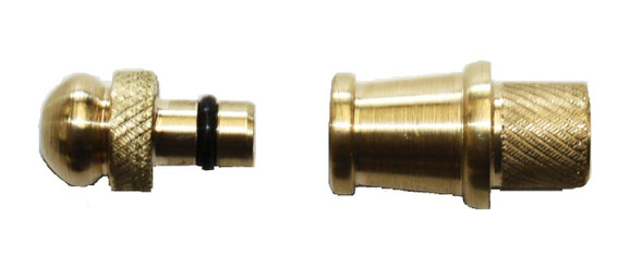 Short solid brass powder horn spout with 3/8" opening and neoprene O-ring plug for secure, moisture-resistant seal.