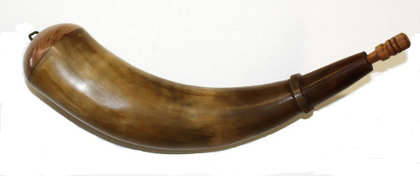Yellowstone Powder Horn with domed base plug, staple for strap attachment, and shaved throat with wide ridge for secure strap placement.