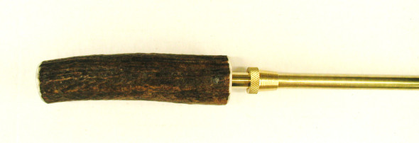Brass elk antler handled ramrod, 1/4" diameter, 42" long, with polished elk antler handle, brass bore guide, and 8-32 threading, handcrafted by October Country.