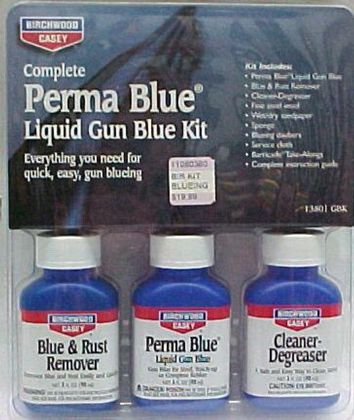 COMPLETE PERMA BLUE® Liquid Gun Blue Kit with cleaner, rust remover, and bluing solution for firearm refinishing. COMPLETE PERMA BLUE® Liquid Gun Blue Kit with cleaner, rust remover, and bluing solution for firearm refinishing.
