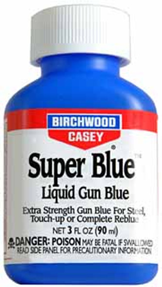 Super Blue Liquid Gun Blue – extra-strength bluing solution for polished steel and nickel-chrome alloy parts. Super Blue Liquid Gun Blue – extra-strength bluing solution for polished steel and nickel-chrome alloy parts.