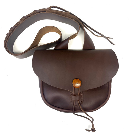 Upland Fowler hunting bag with moose antler button, stepped dividers, and lace-adjusted strap in dark brown leather by October Country