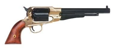 1858 New Army .44 cal Pietta revolver with 8-inch blued octagonal barrel, brass trigger guard, and fixed sights