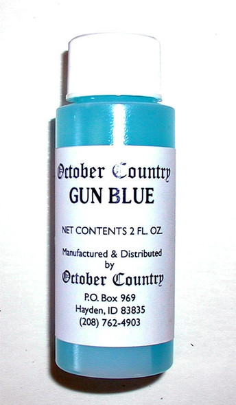 Bottle of Gun Blue by October Country for fast gun bluing and touch-up, made in the USA, for muzzleloaders and firearms Bottle of Gun Blue by October Country for fast gun bluing and touch-up, made in the USA, for muzzleloaders and firearms