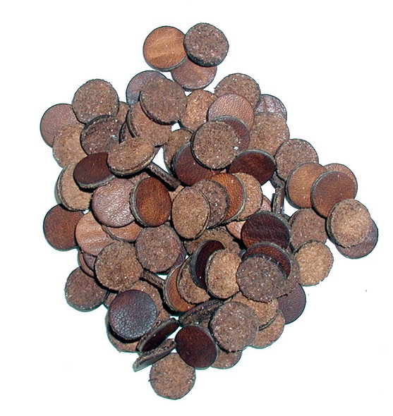 October Country leather pistol and rifle wads for .36 to .54 caliber, used between powder charge and patch-ball to prevent patch burn; 100 per pack