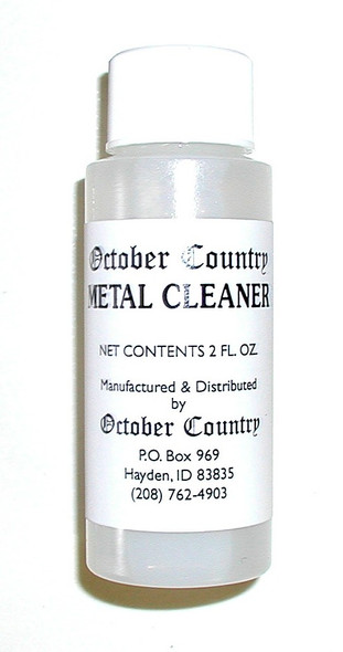 Metal cleaner for preparing firearm barrels before antique browning; bottle shown with label; made by October Country Metal cleaner for preparing firearm barrels before antique browning; bottle shown with label; made by October Country