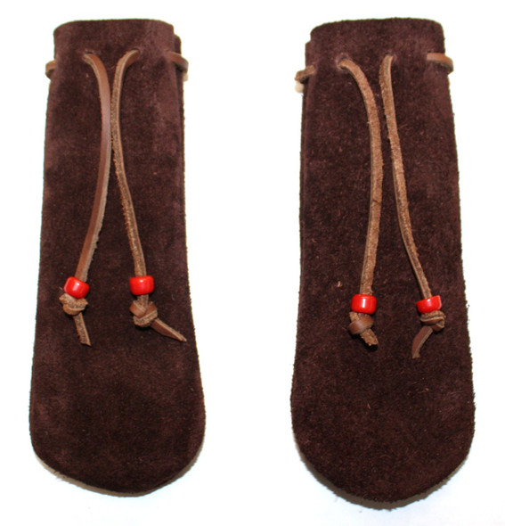 Set of two suede oil-tanned leather sight bags in chocolate brown, designed to cover rear tang and front sight on black powder cartridge rifles.