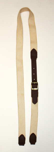 Adjustable powder horn strap made of 1¼" cotton webbing with oil-tanned leather ends and a brass buckle for custom length adjustment.