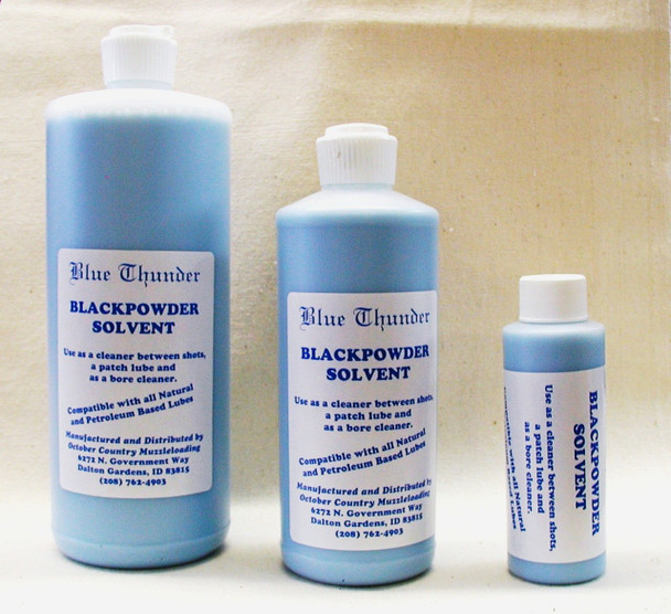 32 oz bottle of Blue Thunder Solvent and Lube for black powder firearms, offering combined patch lube and bore cleaning solution. 32 oz bottle of Blue Thunder Solvent and Lube for black powder firearms, offering combined patch lube and bore cleaning solution.
