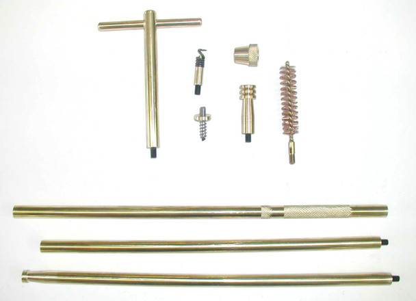 Brass ramrod cleaning kit for .54 caliber muzzleloaders, includes 32-inch three-piece brass rod, T-handle, ball puller, rod guide, cleaning jag, patch puller, and bore brush, made by October Country. Brass ramrod cleaning kit for .54 caliber muzzleloaders, includes 32-inch three-piece brass rod, T-handle, ball puller, rod guide, cleaning jag, patch puller, and bore brush, made by October Country.