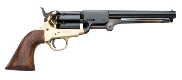 Reb Confederates .44 caliber Pietta revolver, brass frame, blued 7.375-inch octagonal barrel, walnut grip, black powder replica of Civil War Confederate handgun.