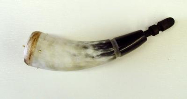 Poor Boy Trade Priming Powder Horn with polished cow horn, brass brad-secured base plug, strap, and wood stopper, by October Country