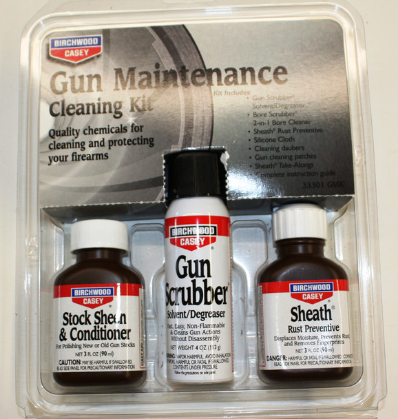 Gun Maintenance Cleaning Kit with solvents, rust preventive, silicone cloth, patches, and full instruction guide.