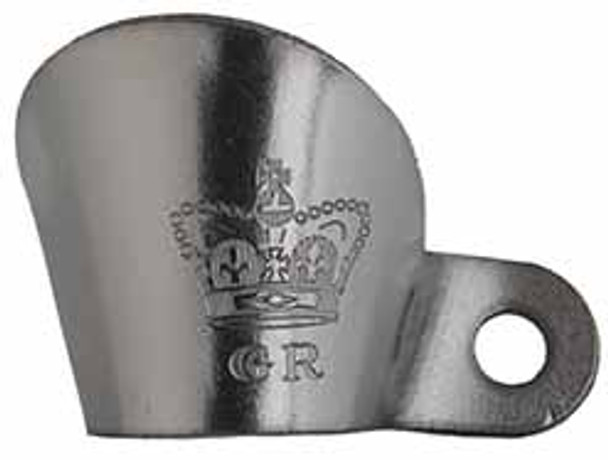Iron flint flash guard with British Crown “GR” marking, designed to reduce over-spray and protect adjacent shooters during reenactments.