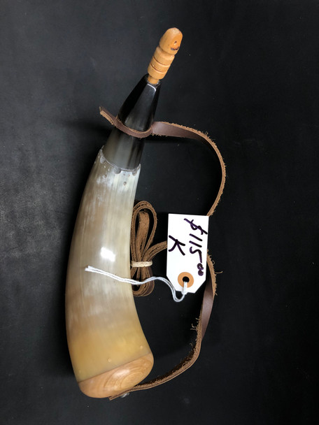 Custom 11 1/4" right hip powder horn with octagon neck, cherry wood base and stopper, and leather carry strap