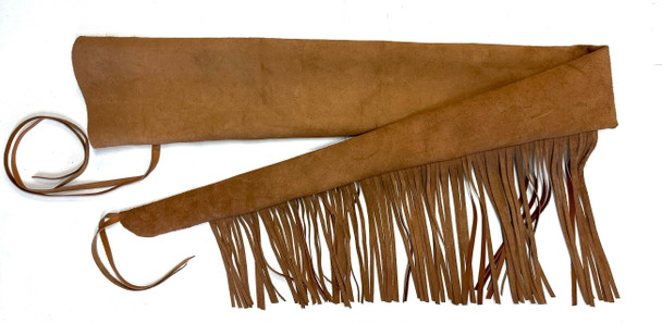 Handcrafted specialty large rifle cover made of suede-finished glove tanned leather with fringe and tie-down straps