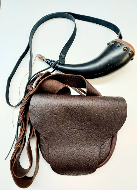 Handcrafted buffalo leather bag set with powder horn and adjustable strap