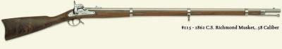 1862 Richmond Musket .58 cal with 40-inch rifled barrel, C.S. Richmond lock markings, eagle head barrel stamp, and walnut stock, by October Country