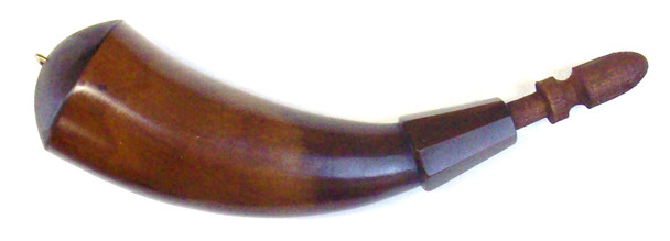Frontier Priming Powder Horn with wooden dome base, brass staple, raised flats on tip, and boot lace strap; available in plain or antiqued finish