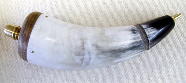 Hunter Valved Priming Powder Horn with 3-grain push valve, brass bushing, acorn screw, and carry strap, made by October Country