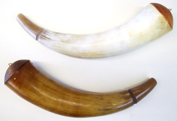 Poor Boy Trade Powder Horn, polished cow horn with fitted base plug, brass brads, wood stopper, includes strap, October Country muzzleloading accessory