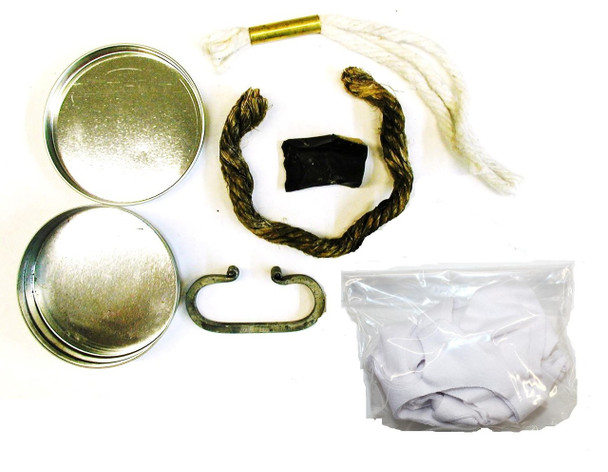 Fire starting kit with flint shard, steel striker, cotton fibers, jute, tinder tube, and tin container