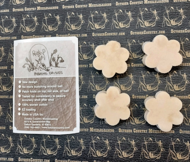 October Country Lubed Daisy Patches, innovative muzzleloader patches designed to fold above the ball for better fit, easy loading, and improved accuracy, lubed with Bumblin Bear Grease