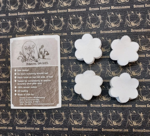 October Country Dry Daisy Shooting Patches, innovative muzzleloader patches designed to fold above the ball for better fit, easy loading, and improved accuracy, sold in 100-pack