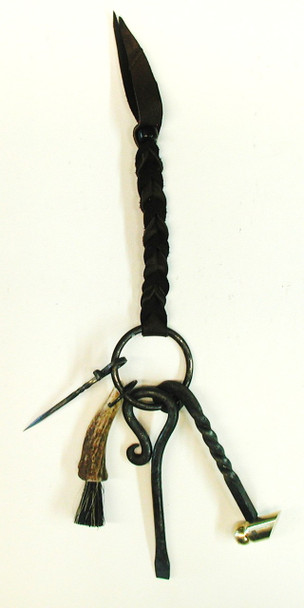 Set of traditional muzzleloader tools on a steel ring, including Olde Style Screwdriver, brass knapping hammer, spring steel vent pick, and antler tip pan brush with boar hair bristles