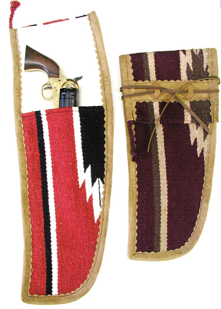 Blanket pistol cover made from heavy horse blanket material with canvas lining, leather trim, and lace tie, by October Country