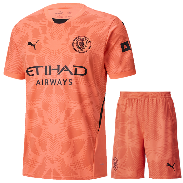 Manchester City 24/25 Kid's Coral Goalkeeper Shirt and Shorts