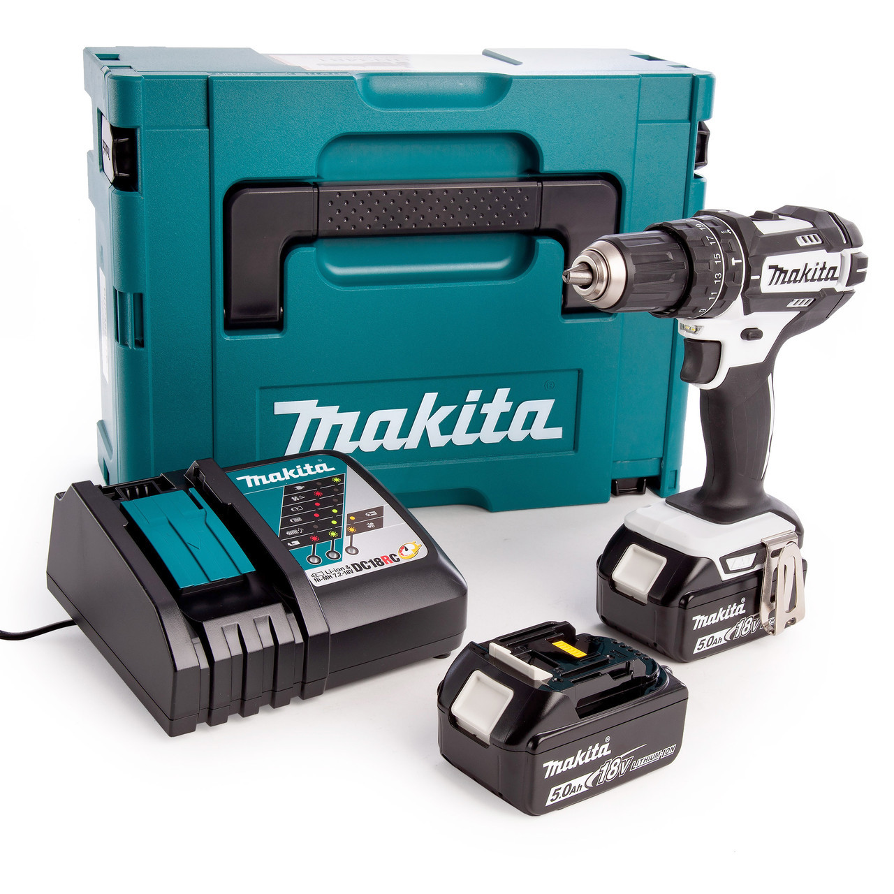 Makita DHP482RTWJ 18V LXT White Combi Drill 2 x 5.0Ah Batteries