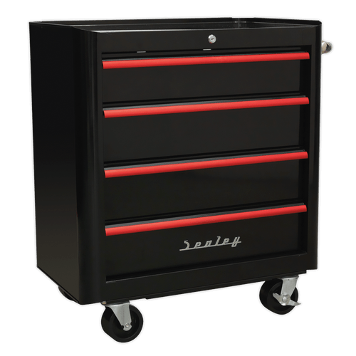 Rollcab 4 Drawer Retro Style- Black with Red Anodised Drawer Pulls (AP28204BR)