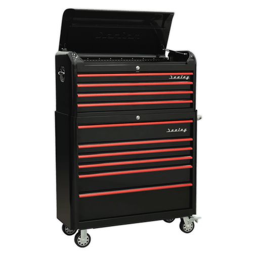 Retro Style Extra-Wide Topchest & Rollcab Combination 10 Drawer-Black with Red Anodised Drawer Pull (AP41COMBOBR)