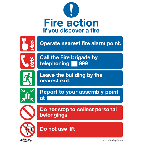 Safe Conditions Safety Sign - Fire Action With Lift - Rigid Plastic (SS19P1)