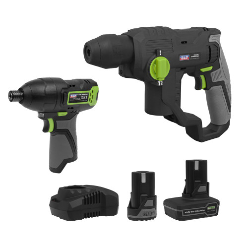 Sealey 2 x 10.8V SV10.8 Series Rotary Hammer Drill & Impact Driver Kit - 2 Batteries & Euro Plug (CP108VCOMBO4EU)