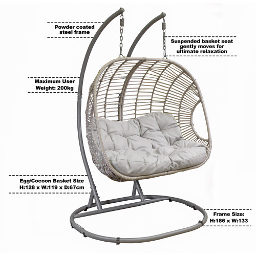 Sealey Dellonda Egg Hanging Swing Chair, Wicker Rattan Basket, Steel Frame, Double (DG61)