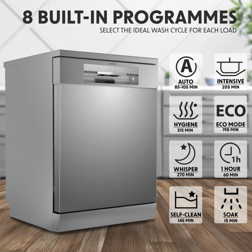 Sealey Baridi Freestanding Dishwasher, Full Size, Standard 60cm Wide with 14 Place Settings, 8 Programs & 5 Functions, LED Display, Silver (DH167)