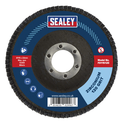 Sealey 120Grit Flap Discs Zirconium Ø115mm Ø22mm Bore - Pack of 10 (FD11512010)