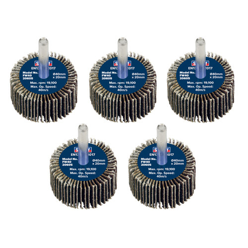 Sealey Abrasive Flap Wheel Ø40 x 20mm 60Grit Ø6mm Shaft - Pack of 5 (FW4020605) Sealey Abrasive Flap Wheel Ø40 x 20mm 60Grit Ø6mm Shaft - Pack of 5 (FW4020605)