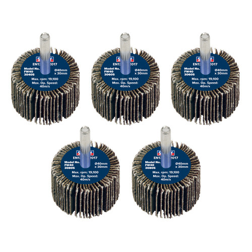 Sealey Abrasive Flap Wheel Ø40 x 30mm Ø6mm Shaft Assorted Grit - Pack of 5 (FW4030ASS) Sealey Abrasive Flap Wheel Ø40 x 30mm Ø6mm Shaft Assorted Grit - Pack of 5 (FW4030ASS)