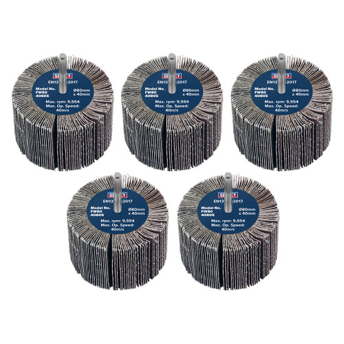 Sealey Abrasive Flap Wheel Ø80 x 40mm 80Grit Ø6mm Shaft - Pack of 5 (FW8040805)