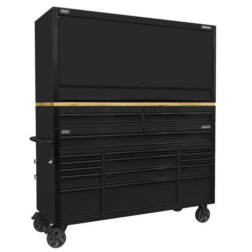 Sealey Superline PRO Black Edition Mobile Trolley with Wooden Worktop 15 Drawer, Hutch & 2 Drawer Riser 1549mm (AP6215BECOMBO1)