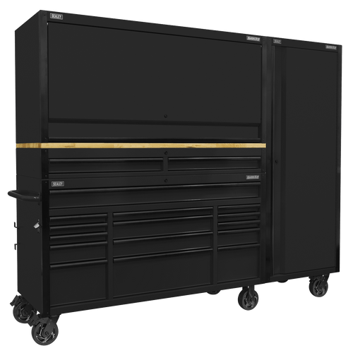 Sealey Superline PRO Black Edition Mobile Trolley with Wooden Worktop 15 Drawer, Hutch, 2 Drawer Riser & Side Locker 1549mm (AP6215BECOMBO2)