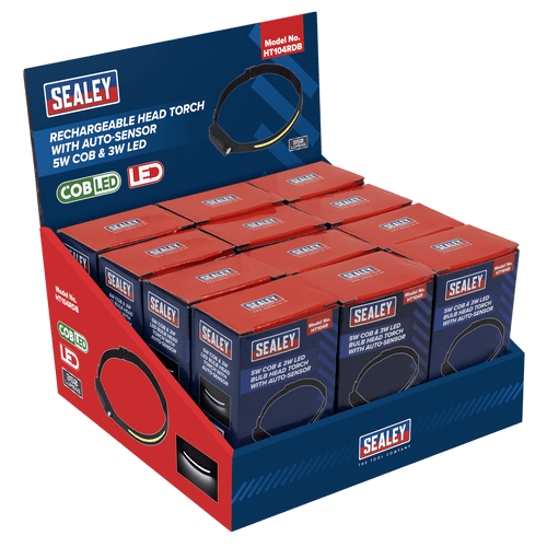 Sealey Rechargeable Head Torch with Auto-Sensor 5W COB & 3W LED - Display Box of 12 (HT104RDB)