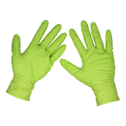 Sealey Diamond Grip Extra-Thick Nitrile Powder-Free Gloves, Hi-Vis Green, Large - Pack of 50 (SSP54L)