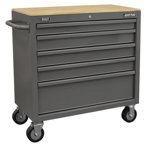 Sealey American Pro APMWS1G Mobile Workstation with Wooden Worktop 5 Drawer Grey (APMWS1G)
